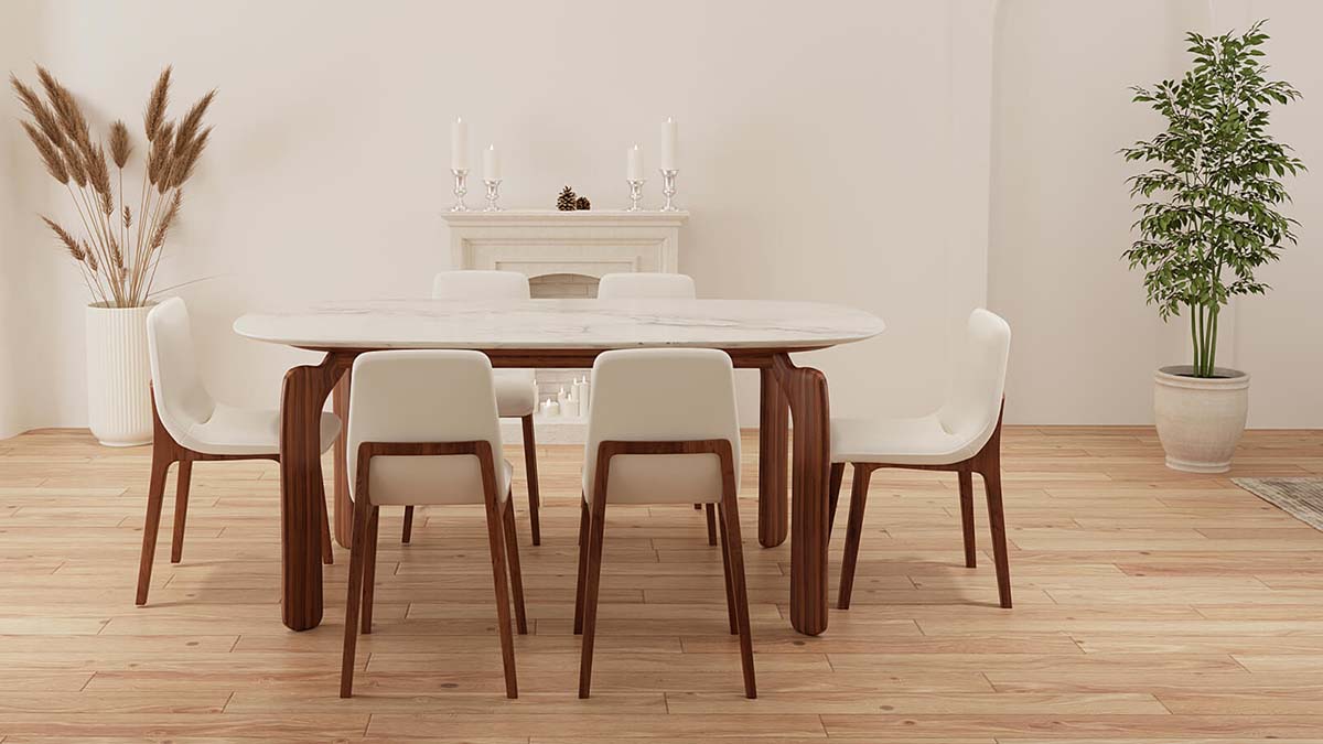 Классическое сочетание прямоугольных мраморных обеденных столов и обеденных стульев с кожаной обивкой.